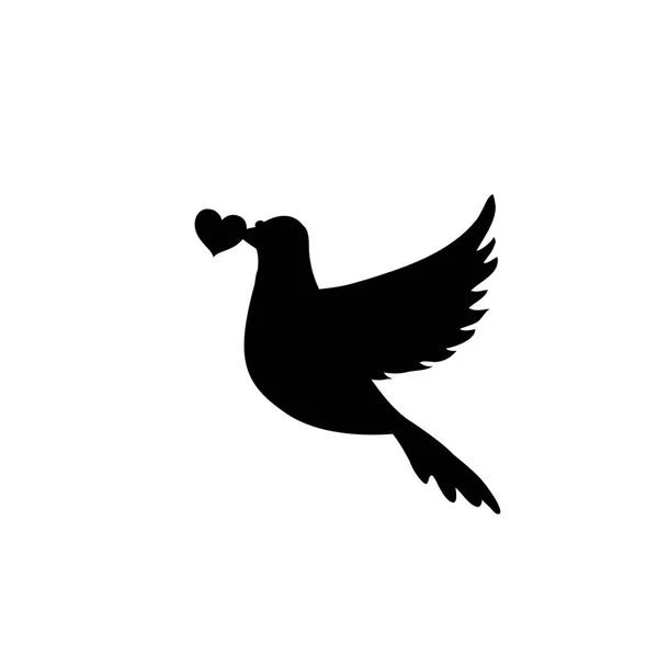 Silhouette Vectorielle Noire Pigeon Volant Avec Coeur Bec Sur Fond — Image vectorielle