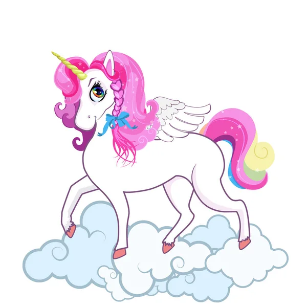 White pony unicorn with big eyes, golden horn, feather wings and pink mane, hooves on the cloud isolated on white background. Cute cartoon character. Vector Illustration, clip art, sticker, icon.