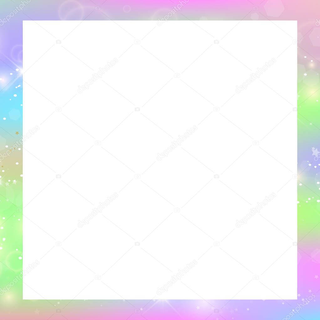 Holographic magic square frame with fairy sparkles, stars and blurs. Magical border with rainbow mesh, copy space. Cute universe banner in princess colors. Fantasy gradient backdrop with hologram.