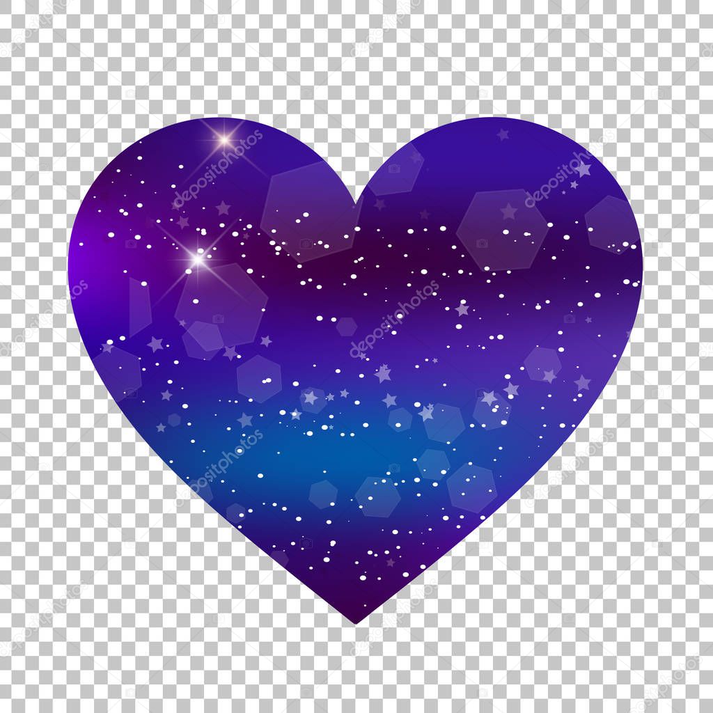 Vector fantastic galaxy heart isolated on transparent background. Purple neon magic icon, night starry sky love symbol for valentines greeting card, wedding invitation. Magical light effect clip art.