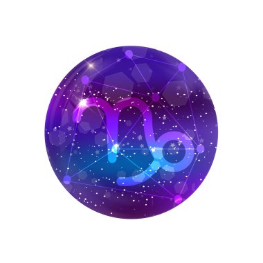 Oğlak burcu ve takımyıldızı üzerinde parlayan yıldız ve beyaz arka plan üzerinde izole bulutsunun kozmik bir mor gökyüzü. Vektör neon simgesi, web buton, küçük resim, Astroloji, Astroloji, astronomi
