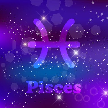 Balık burcu ve takımyıldızı parlayan yıldız ve bulutsunun kozmik bir mor zemin üzerine. Vektör resim, afiş, poster, balık kartı. Alan, Astroloji, Astroloji, astronomi, fantezi tasarım