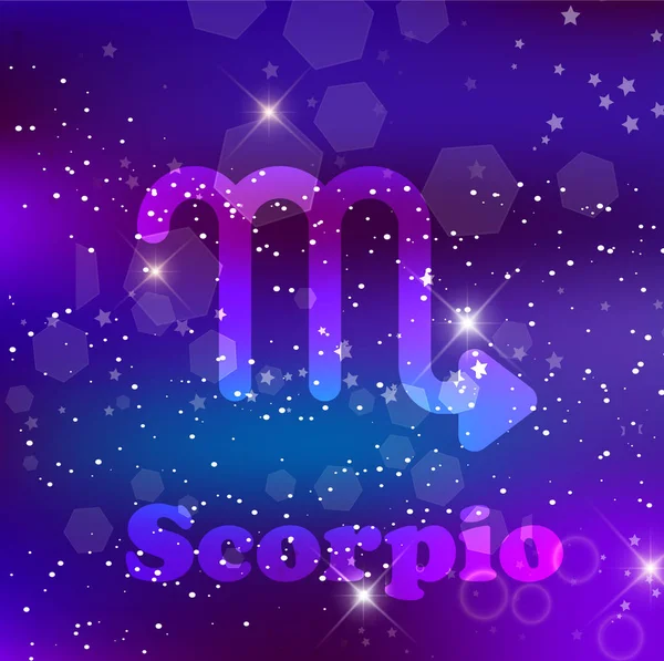 Scorpio Zodiac sign and constellation on a cosmic purple background with glowing stars and nebula. Vector illustration, banner, poster, card. Space, astrology, horoscope, astronomy, fantasy design