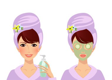 Vektör sevimli kız karakteri ile havlu türban kafa ve bornoz önce ve sonra spa kozmetik cilt bakım yordam kümesi. Kadın yüzü, Bayan kil maskesi ile krem koyar ve salatalık göze küçük resim
