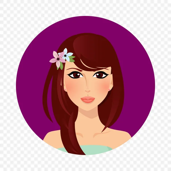 Schattige Brunette Meisje Met Hazelaar Ogen Lange Haarstijl Bloemen Hoofd — Stockvector