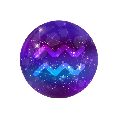 Kova burcu ve takımyıldızı üzerinde parlayan yıldız ve beyaz arka plan üzerinde izole bulutsunun kozmik bir mor gökyüzü. Neon tasarım simgesi, web buton, küçük resim, Astroloji, Astroloji, astronomi