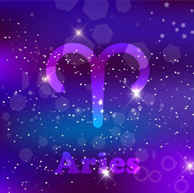 Koç burcu ve takımyıldızı parlayan yıldız ve bulutsunun kozmik bir mor zemin üzerine. illüstrasyon, afiş, poster, ram kartı. Alan, Astroloji, Astroloji, astronomi, fantezi tasarım.