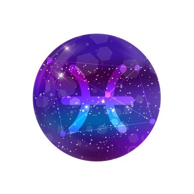 Balık burcu ve takımyıldızı üzerinde parlayan yıldız ve beyaz arka plan üzerinde izole bulutsunun kozmik bir mor gökyüzü. Neon simgesi, web buton, küçük resim, Astroloji, Astroloji, astronomi