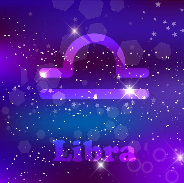 Libra Zodiac sign and constellation on cosmic purple background with glowing stars and nebula.   illustration, banner, poster, scales card. Space, astrology, horoscope, astronomy, fantasy design