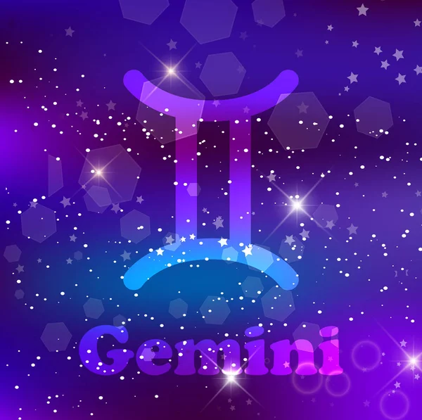 Gemini Zodiac sign and constellation on cosmic purple background with glowing stars and nebula.   illustration, banner, poster, twins card. Space, astrology, horoscope, astronomy, fantasy design