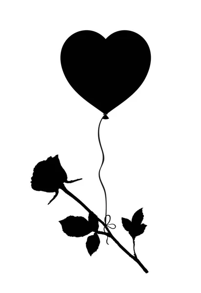 Schwarze Silhouette Einer Rosenblüte Die Auf Einem Herzförmigen Heliumballon Fliegt — Stockfoto