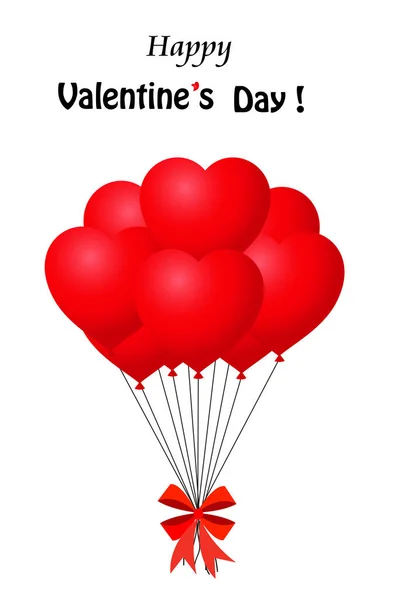 愉快的情人节贺卡与一堆红色的心形状的气球包裹着节日丝带飞行的党和庆祝在白色的背景 — 图库照片