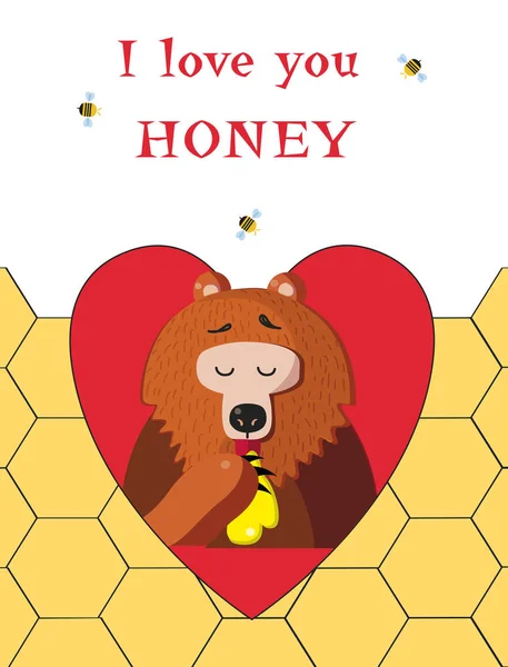 Ilustracja Kreskówka Niedźwiedź Jedzenia Słodki Miód Wewnątrz Czerwone Serca Ramki — Zdjęcie stockowe