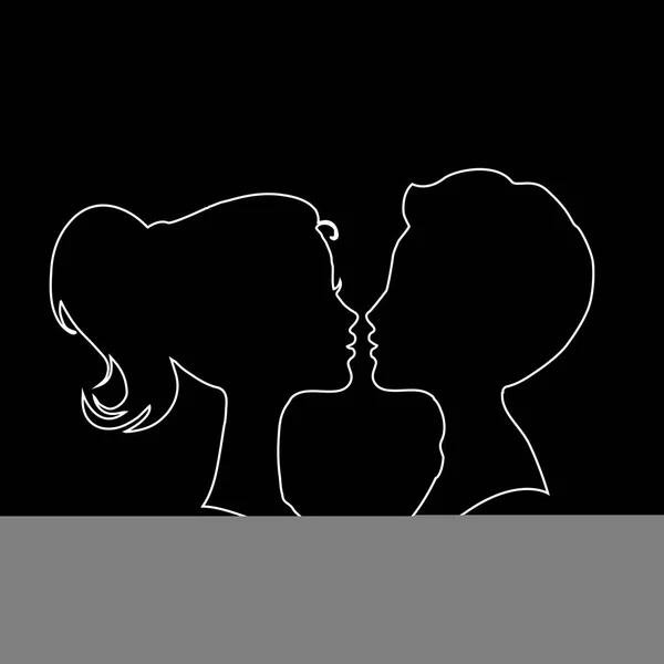 Man and woman contour outline silhouettes on black background. boy and girl black faces profiles in  . Couple kissing. Design for wedding or valentines invitation card.Retro style young couple
