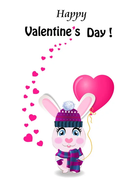 Valentine's day greeting card with cute cartoon rabbit in violet knitted hat, scarf and mittens holding pink heart shaped balloon and many little hearts around on white background.   illustration