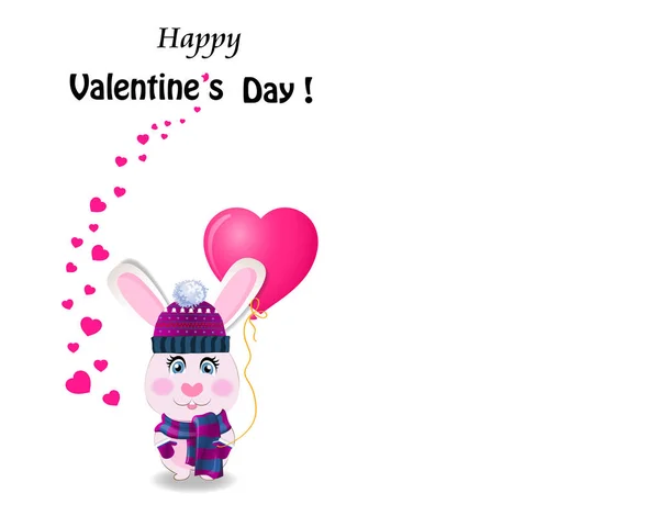 Valentine\'s day greeting card with cute cartoon rabbit in violet knitted hat, scarf and mittens holding pink heart shaped balloon and many little hearts around on white background.  , copy space