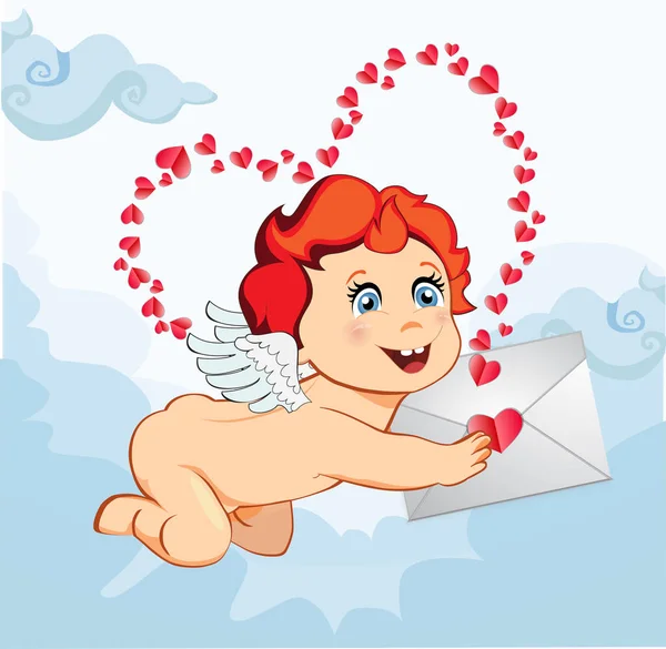 Cute cartoon baby Cupid or angel  with wings holding love letter on blue sky background with many red hearts around. Character for greeting card on Valentines day.   illustration, icon, clip art.