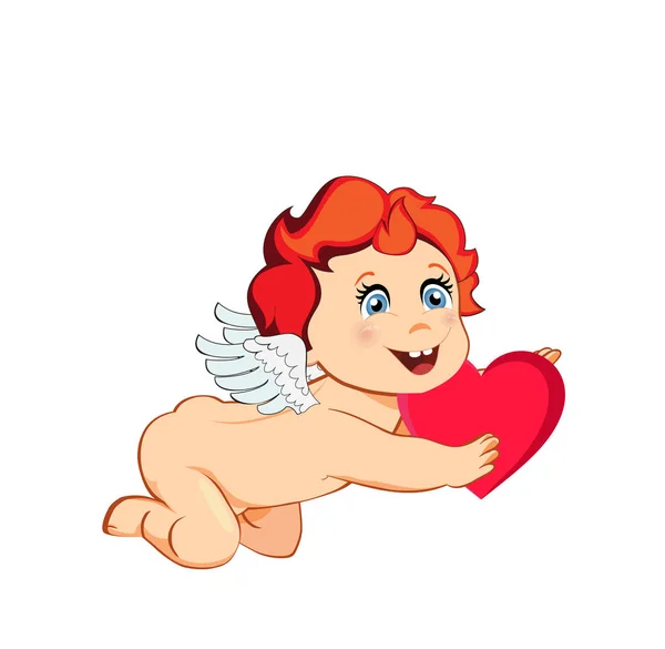 Cute Cartoon Cupid Angel Ginger Hair White Wings Holding Red — Stock fotografie