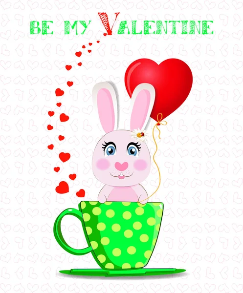 Valentine Greeting Card Cute Cartoon Bunny Holding Red Heart Balloon — стоковое фото