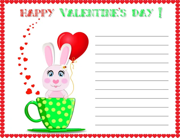 Happy Valentine\'s day greeting post card with cute cartoon rabbit holding red heart balloon, sitting in green cup and lined copy space for text.   illustration, template, invitation, postcard