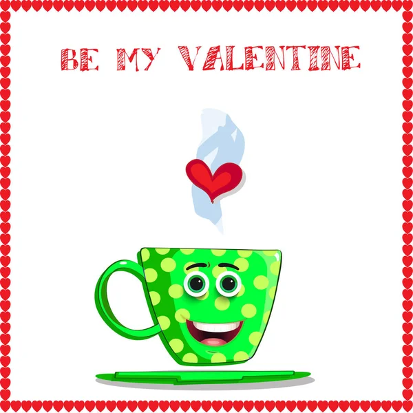 Tarjeta Felicitación San Valentín Con Lindo Personaje Taza Café Dibujos —  Fotos de Stock