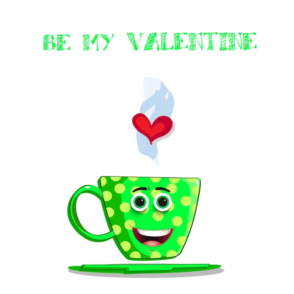 かわいい漫画グリーン コーヒー マグカップ文字の面白い笑顔 白い背景の上の蒸気の心と私のバレンタインのグリーティング カードをします — ストック写真
