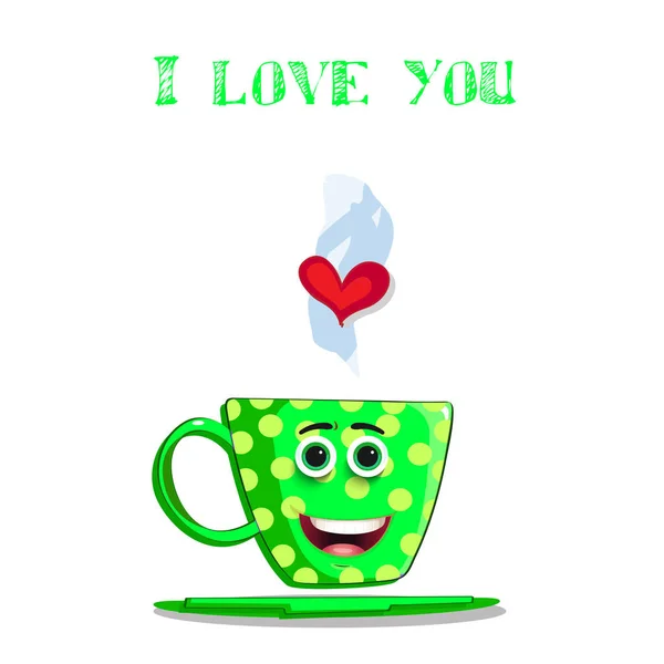 Amo Você Cartão Saudação Com Personagem Bonito Caneca Café Verde — Fotografia de Stock