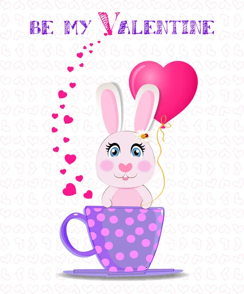 Greeting Card Cute Cartoon Rabbit Holding Pink Heart Balloon Sitting — Stock Photo, Image