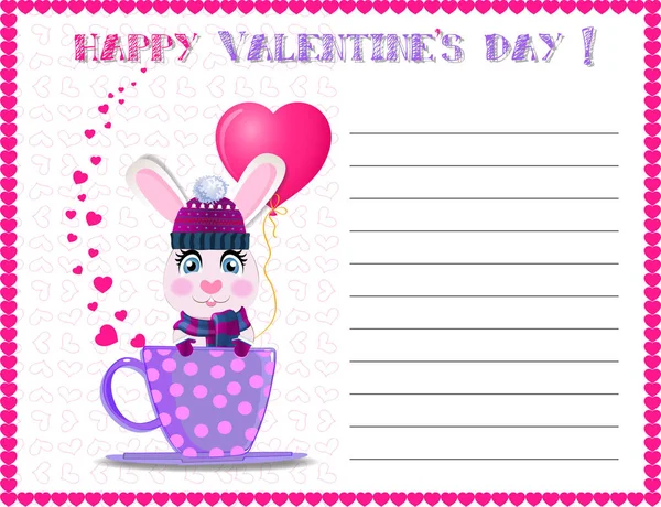 Szczęśliwy Valentine Day Życzeniami Kreskówka Królik Kapeluszu Holding Serduszkowy Balon — Zdjęcie stockowe