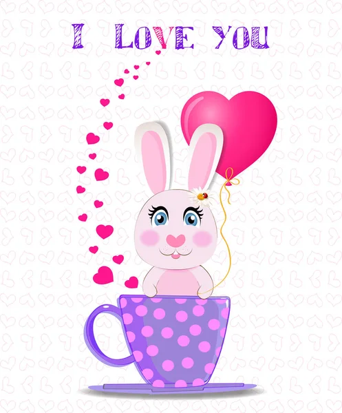 Greeting Card Cute Cartoon Rabbit Holding Pink Heart Balloon Sitting — Stock Photo, Image