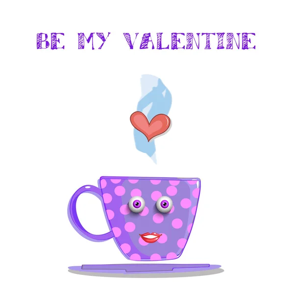 Valentine Card Cute Steaming Lilac Cup Pink Polka Dots Pattern — Stock Photo, Image