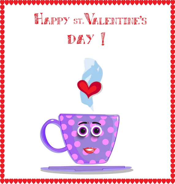 Happy Valentine Day Greeting Card Cute Cartoon Girl Cup Character — стоковое фото