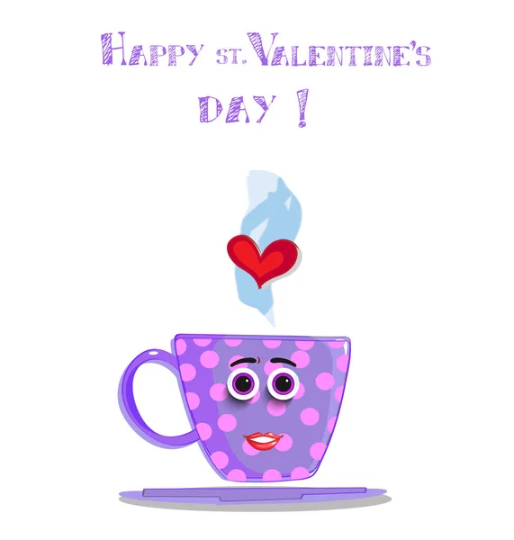 幸せなバレンタインデーのグリーティング カード女性カップのかわいい漫画のキャラクター ローズ水玉模様 スチームで心を笑顔紫コーヒーのマグカップは 恋に落ちる — ストック写真