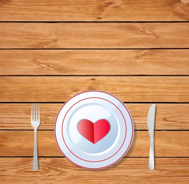 Romantik aşk yemeği. Bıçak ve çatal ahşap masa yüzeyi ile bir plaka üzerinde kırmızı kalp şekli. illüstrasyon, tebrik kartı, şablon metin için yer ile. Sevgililer günü kutlamaları. 