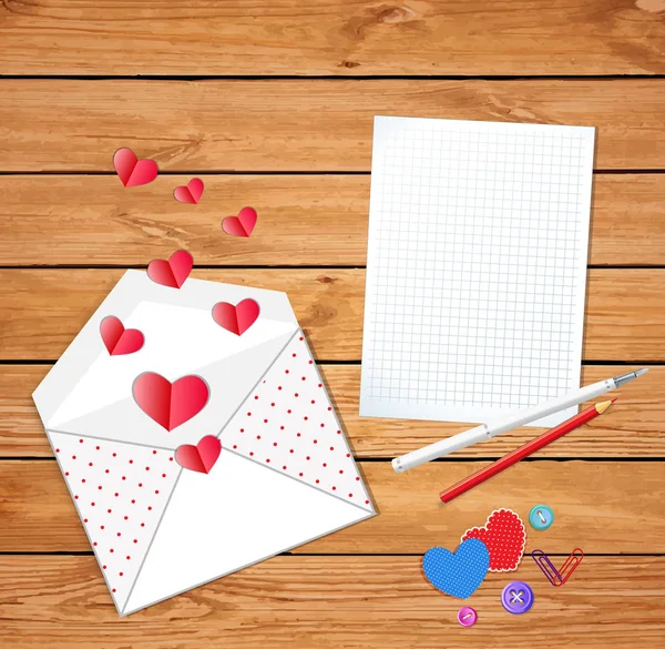 Valentinskarte Mit Niedlich Geöffnetem Umschlag Mit Verstreuten Roten Gefalteten Herzen — Stockfoto