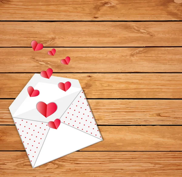 Open Envelope Scattered Folded Paper Hearts Wooden Surface Space Text — Stock Photo, Image