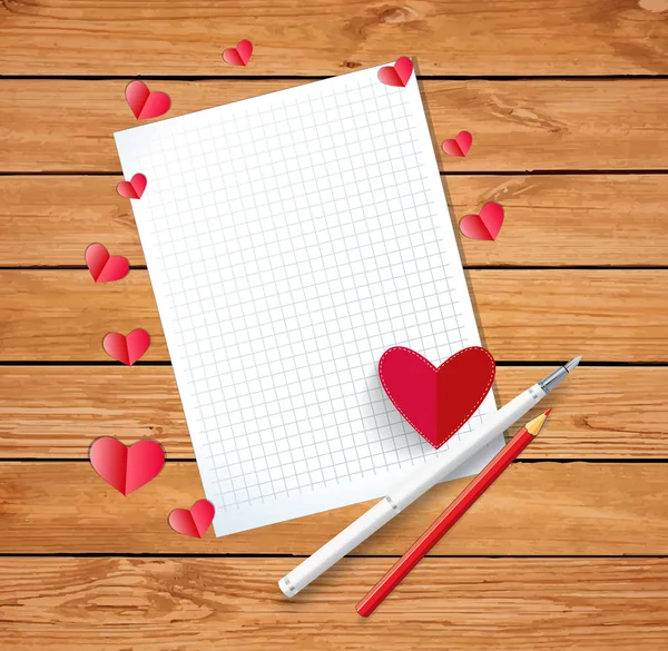 Valentine card or love letter composition with scattered hearts, fountain pen, red pencil and empty copyspace over the wooden boards covered surface.   illustration, border, frame, template.
