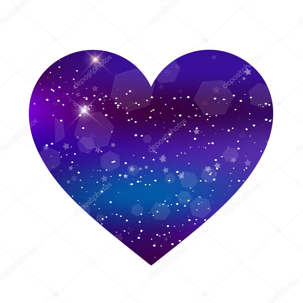 Fantastic galaxy heart isolated on white background. Purple neon magic icon, night starry sky love symbol for valentine greeting card, wedding postcard. Magical light effect clip art.