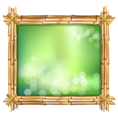 Kare kare kahverengi bambu resmi kenarlık çerçeve kaynaklanıyor, yeşil içinde izole üzerinde beyaz bokeh arka plan bulanıklık. Soyut spa ya da plaj kavramı tropikal tabela ile metin için boş yer.