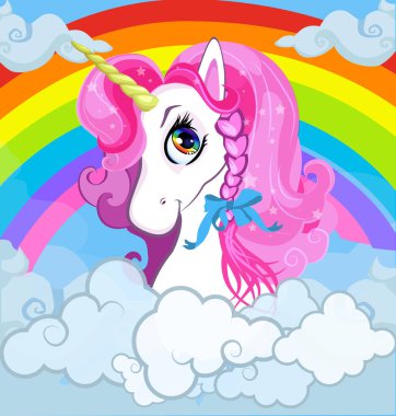 Beyaz midilli tek boynuzlu at kafa ile parlak rainbow ile bulutlar gökyüzü arka plan üzerinde pembe yele portre karikatür. Gösterim amacıyla t-shirt grafik, Çocuk giyim, yazdırma, bebek kitap kapağı, kartpostal tasarım