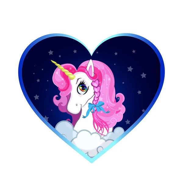 Cartoon White Pony Unicorn Head Pink Hair Bow Portrait Night — Stock Photo, Image