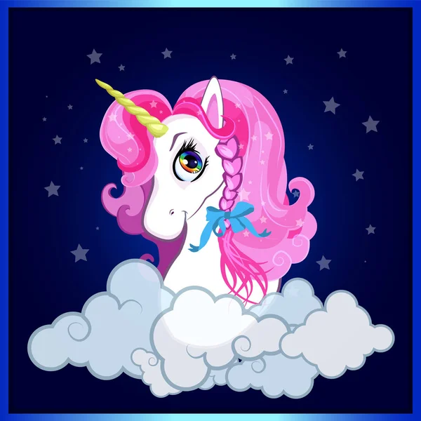 Cartoon white pony unicorn head with pink hair and braid bow portrait on night sky with clouds background. illustration for t-shirt graphic, kids clothing, print, book cover, postcard design