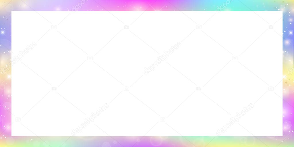 Magic banner with rainbow mesh and copy space. Cute universe poster in princess colors. Fantasy gradient backdrop with hologram. Holographic magic background with fairy sparkles, stars and blurs.