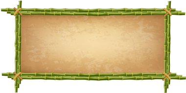 Yeşil Bambu sopalarla yapmanız yapılmış ahşap çerçeve vintage kağıt boş ya da tuval ayrıntılı. Yıpranmış papirüs şablon, eski grungy poster metin için yer ile. Beyaz arka plan üzerinde izole küçük resim.