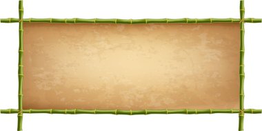 Ahşap çerçeve yeşil bambu sopa ile yapmanız vintage tuval ayrıntılı. Yıpranmış papirüs şablon, metin veya resim alanı olan eski grungy afiş. mockup, beyaz arka plan üzerinde izole küçük resim.