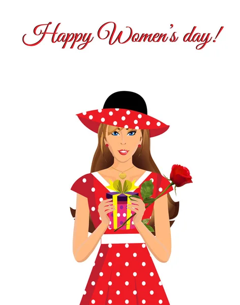 Glückliche Glückwunschkarte Zum Frauentag Mit Niedlichen Entzückenden Mädchen Rotem Kleid — Stockfoto