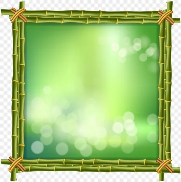 Creative   illustration of green bamboo sticks border frame, blur bokeh background and blurry white circles inside isolated. Abstract concept tropical signboard with empty copy space for text.
