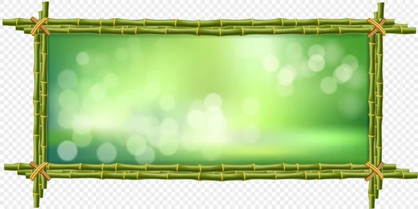 Rectangle   template of green bamboo sticks border frame, shiny blurred bokeh background and soft white circles. Abstract concept of tropical banner, poster, signboard with empty copy space.