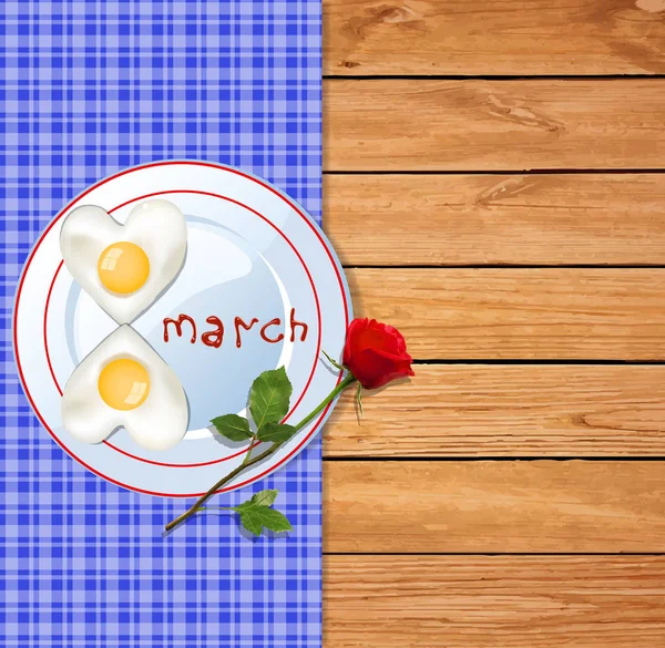Happy womens day template with number eight shaped omelette on plate with ketchup 8 march letters and red rose on wooden background with blue tablecloth and sheet with copy space for text.