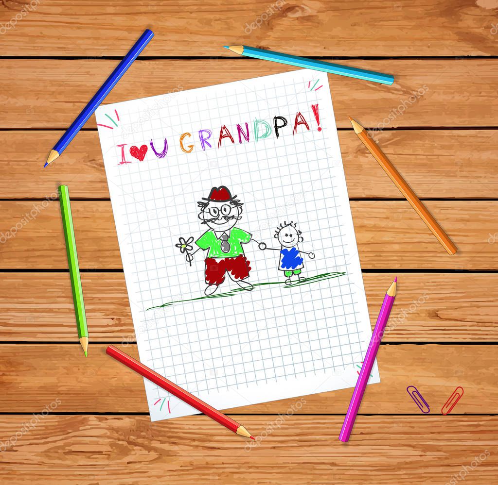 Children colorful hand drawn   illustration with grandpa and grandson together. Kids inscription I love grandpa on squared notebook sheet on wooden table with colored pencils around.